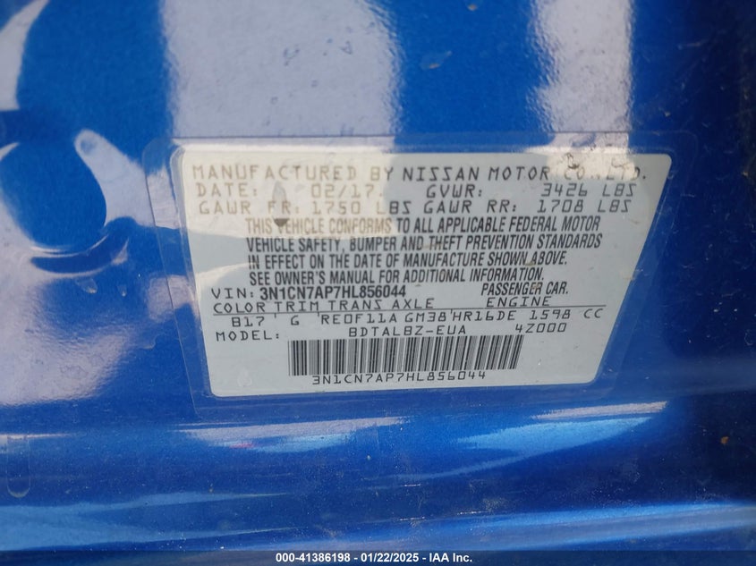 2017 NISSAN VERSA VIN: 3N1CN7AP7HL856044