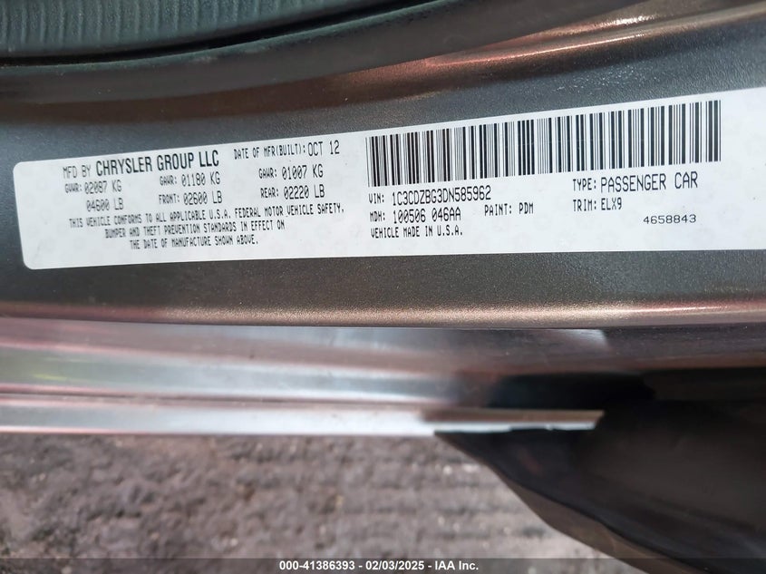 2013 DODGE AVENGER VIN: 1C3CDZBG3DN585962