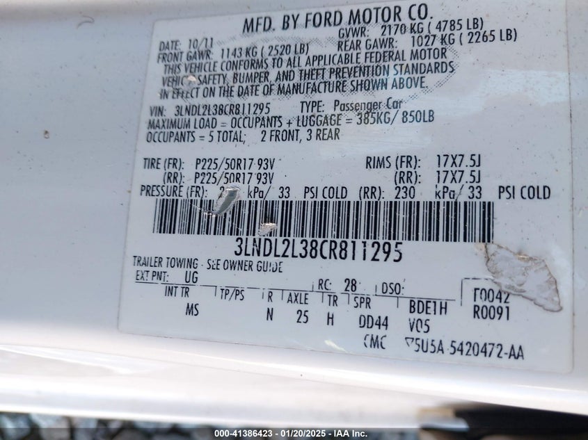 2012 LINCOLN MKZ HYBRID VIN: 3LNDL2L38CR811295