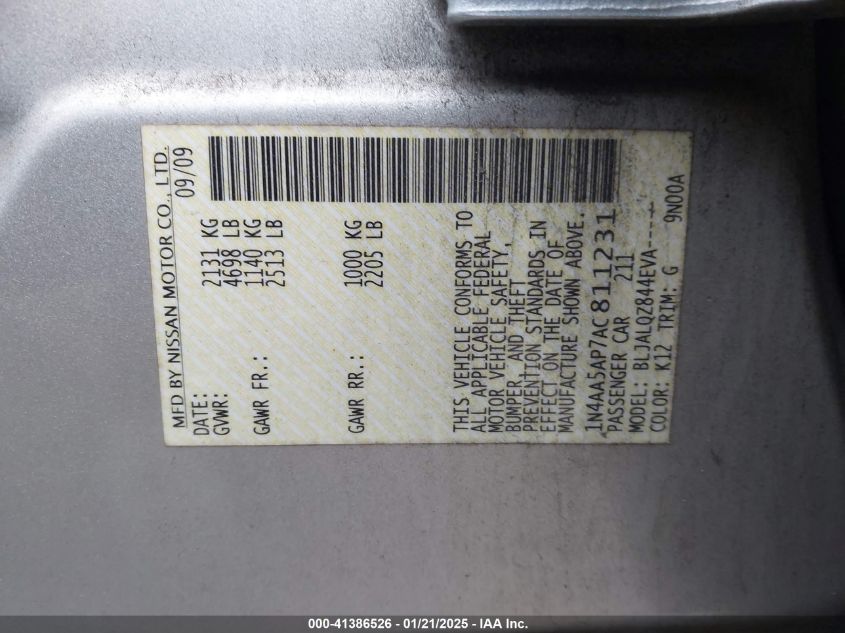 2010 Nissan Maxima 3.5 S VIN: 1N4AA5AP7AC811231 Lot: 41386526