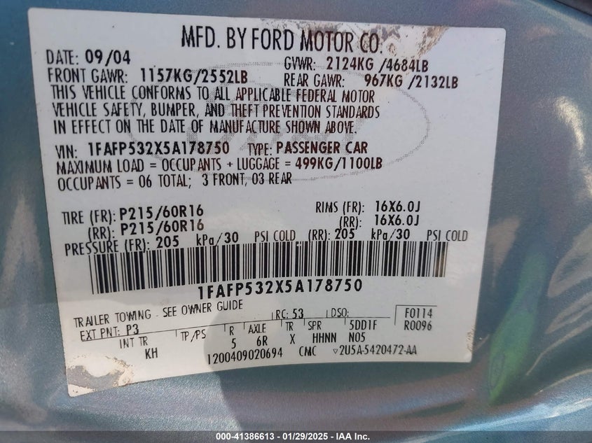 2005 Ford Taurus Se VIN: 1FAFP532X5A178750 Lot: 41386613