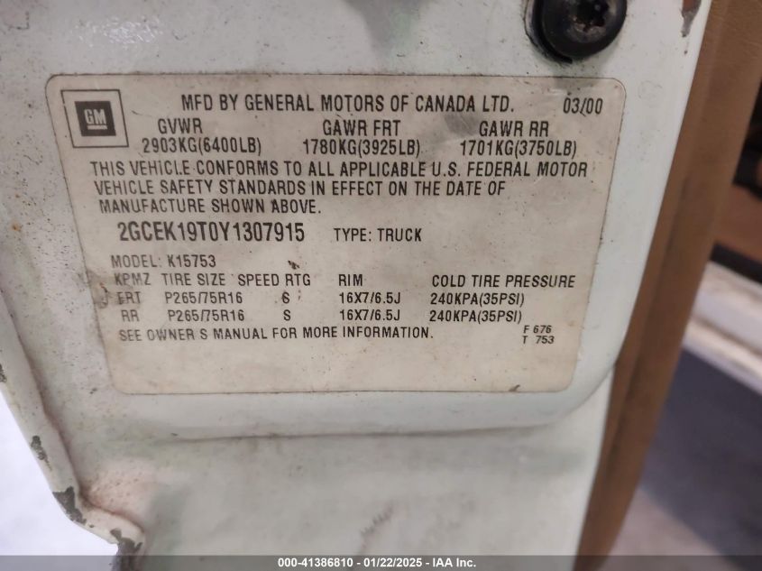 2000 Chevrolet Silverado 1500 Lt VIN: 2GCEK19T0Y1307915 Lot: 41386810