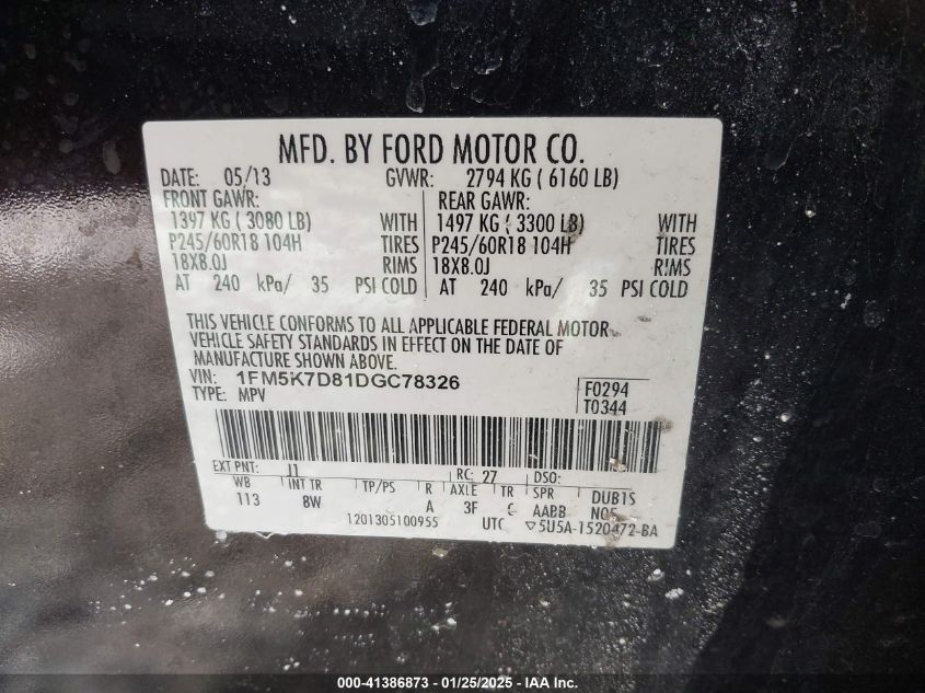 2013 Ford Explorer Xlt VIN: 1FM5K7D81DGC78326 Lot: 41386873