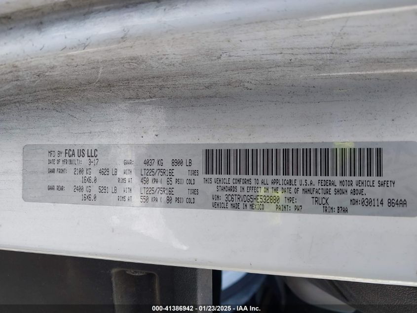 2017 Ram Promaster 2500 High Roof 159 Wb VIN: 3C6TRVDG9HE536740 Lot: 41386942