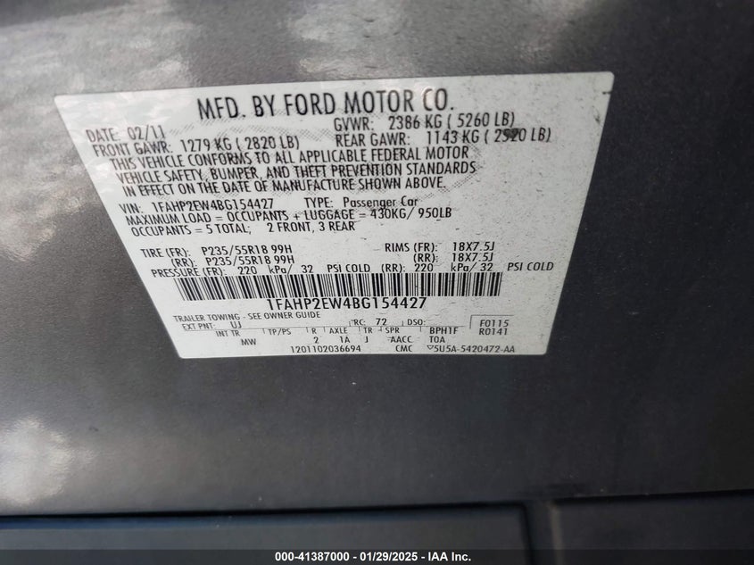 2011 FORD TAURUS VIN: 1FAHP2EW4BG154427
