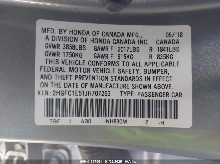 2018 HONDA CIVIC VIN: 2HGFC1E51JH707263