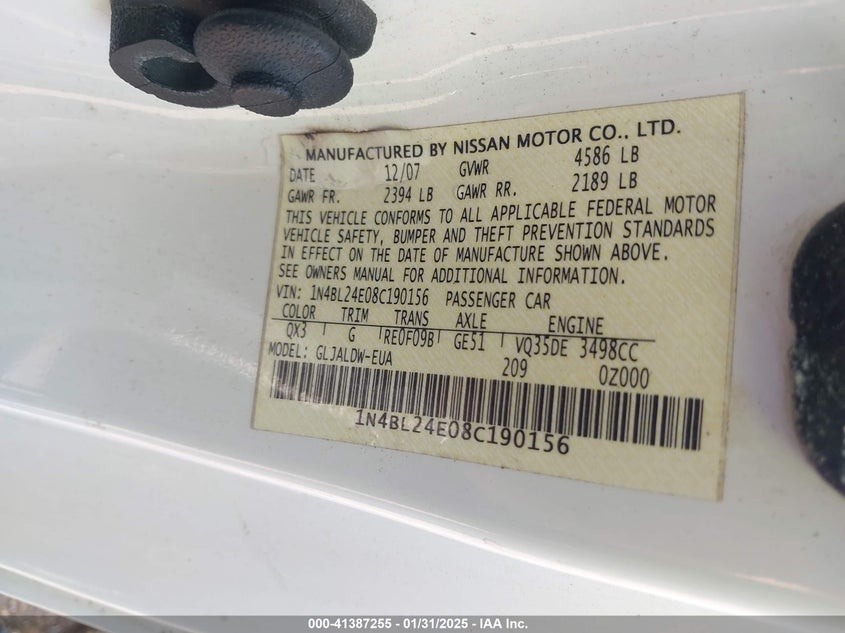 2008 NISSAN ALTIMA VIN: 1N4BL24E08C190156