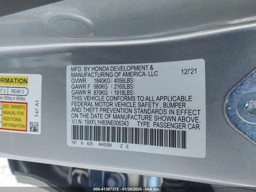2022 HONDA CIVIC VIN: 19XFL1H83NE006343
