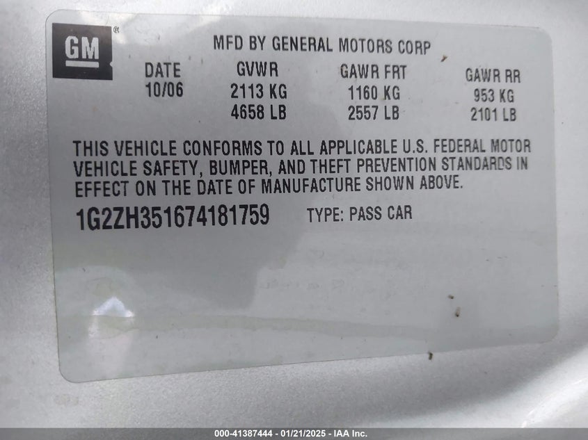 2007 PONTIAC G6 VIN: 1G2ZH351674181759