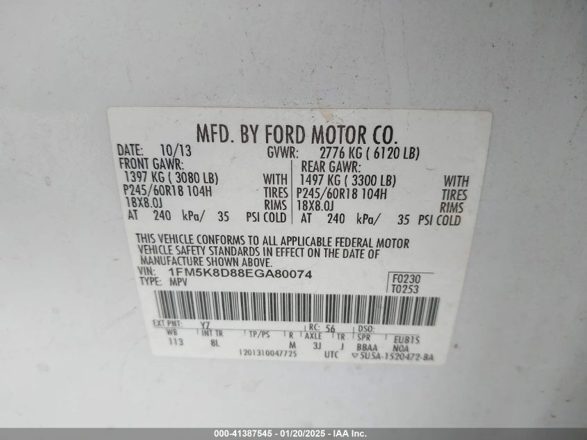 VIN 1FM5K8D88EGA80074 2014 Ford Explorer, Xlt no.9