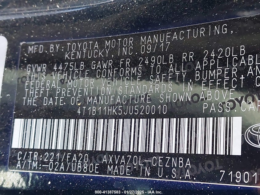 2018 TOYOTA CAMRY VIN: 4T1B11HK5JU520010
