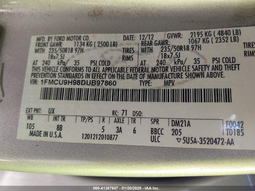 VIN 1FMCU9H98DUB97860 2013 Ford Escape, Sel no.9