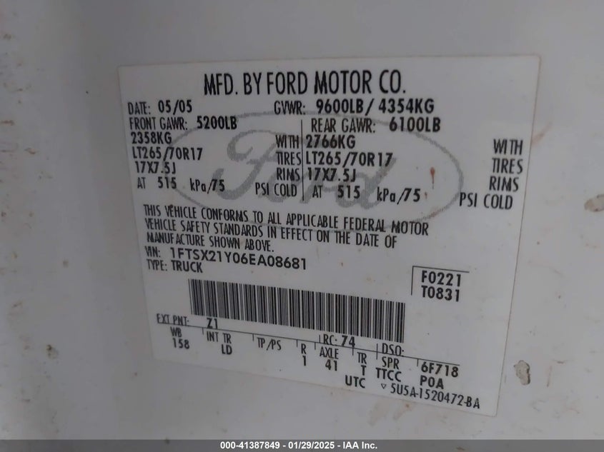 2006 Ford F-250 Lariat/Xl/Xlt VIN: 1FTSX21Y06EA08681 Lot: 41387849