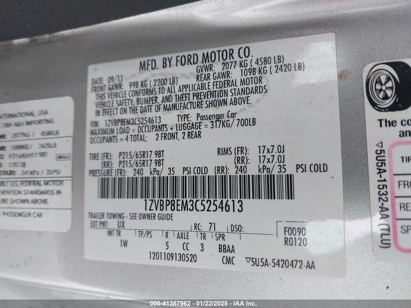 2012 FORD MUSTANG VIN: 1ZVBP8EM3C5254613