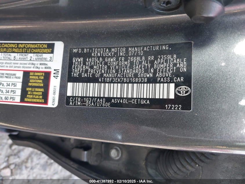 2011 TOYOTA CAMRY VIN: 4T1BF3EK7BU168938