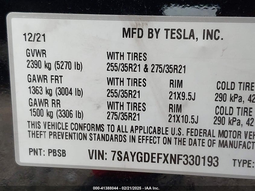 2022 Tesla Model Y Performance Dual Motor All-Wheel Drive VIN: 7SAYGDEFXNF330193 Lot: 41388044