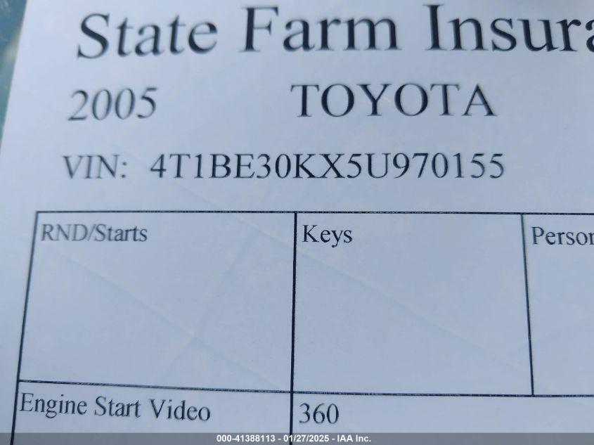 2005 Toyota Camry Le VIN: 4T1BE30KX5U970155 Lot: 41388113