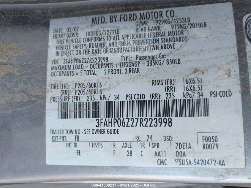 2007 Ford Fusion Sel VIN: 3FAHP08147R101263 Lot: 41388237