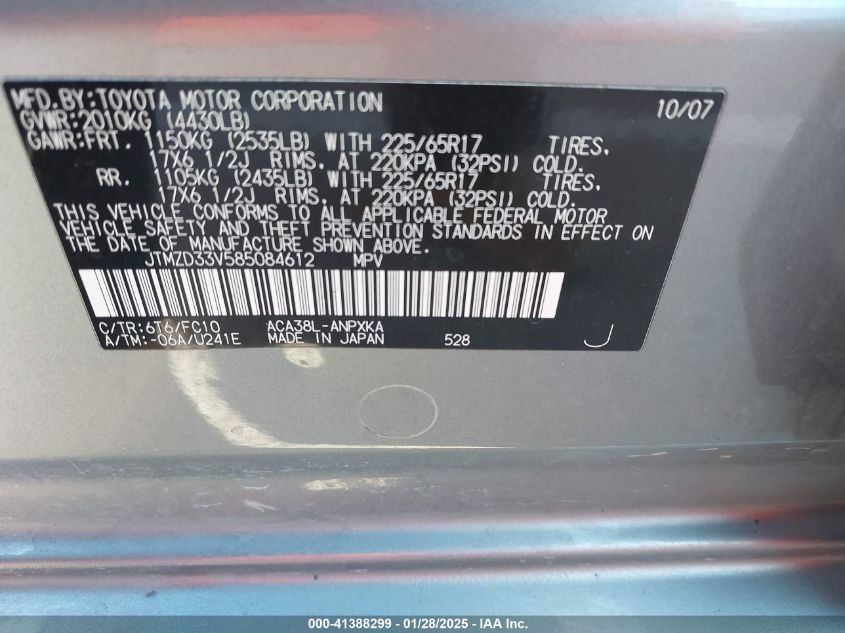 2008 Toyota Rav4 VIN: JTMZD33V585084612 Lot: 41388299