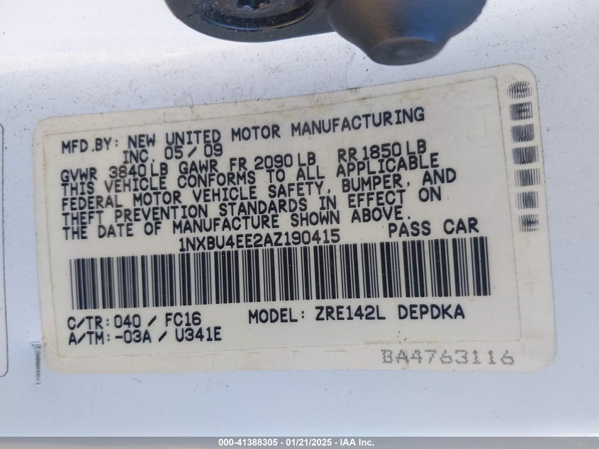 2010 TOYOTA COROLLA VIN: 1NXBU4EE2AZ190415