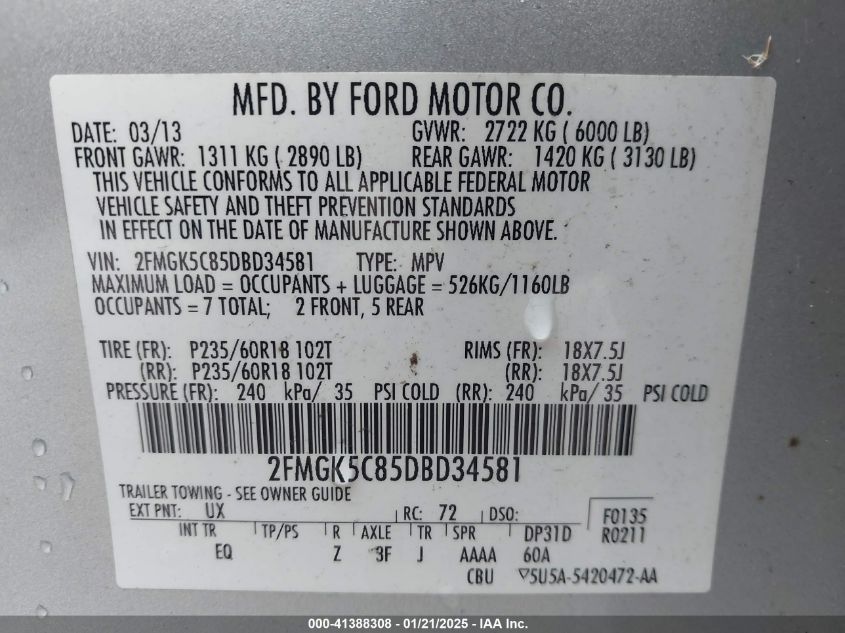 VIN 2FMGK5C85DBD34581 2013 Ford Flex, Sel no.9