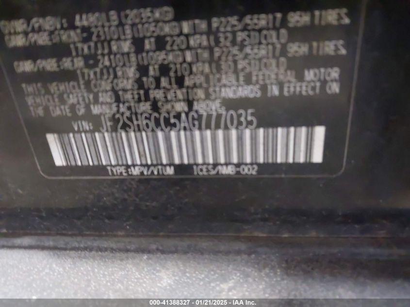 2010 Subaru Forester VIN: 1F2SH6CC5AG777035 Lot: 41388327