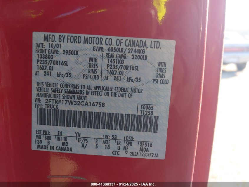 2002 Ford F-150 Xl/Xlt VIN: 2FTRF17W32CA16758 Lot: 41388337