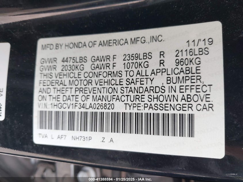 2020 HONDA ACCORD VIN: 1HGCV1F34LA026820