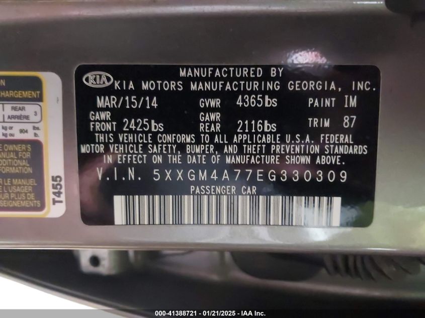 VIN 5XXGM4A77EG330309 2014 KIA OPTIMA no.9