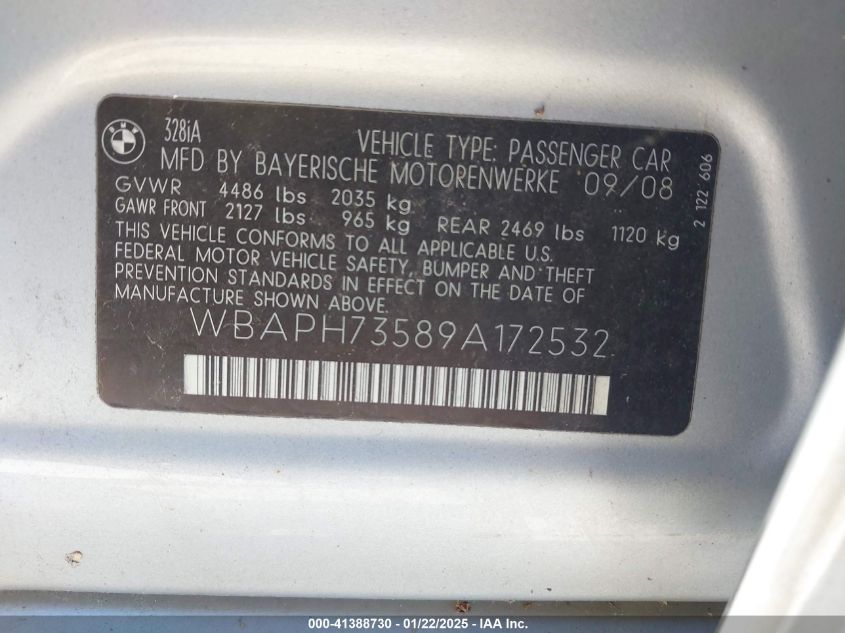 2009 BMW 328I VIN: WBAPH73589A172532 Lot: 41388730