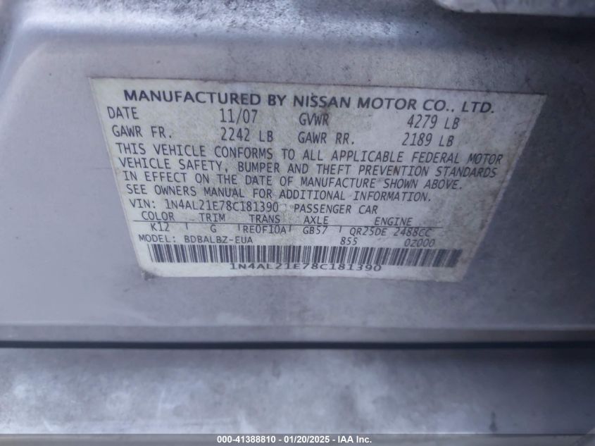 2008 Nissan Altima 2.5 S VIN: 1N4AL21E78C181390 Lot: 41388810