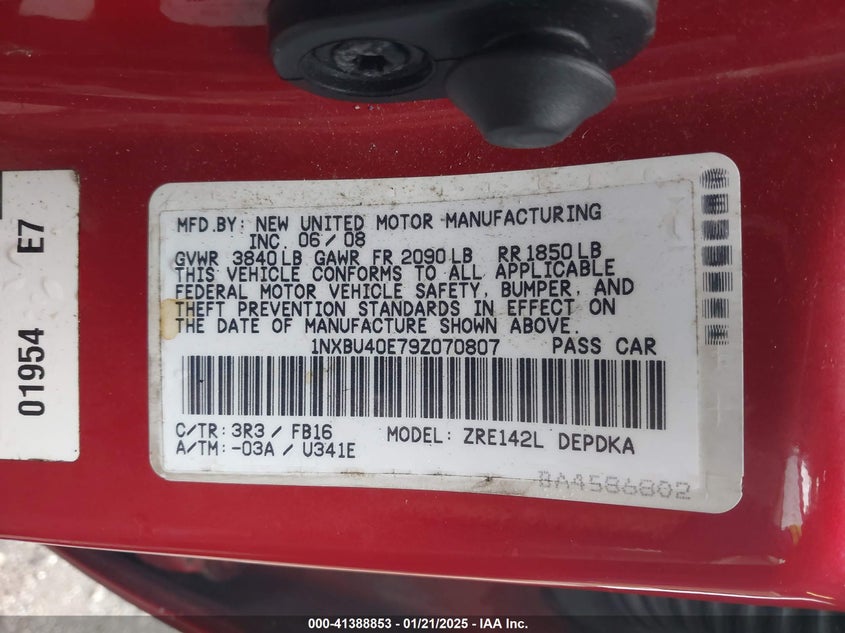 2009 TOYOTA COROLLA VIN: 1NXBU40E79Z070807