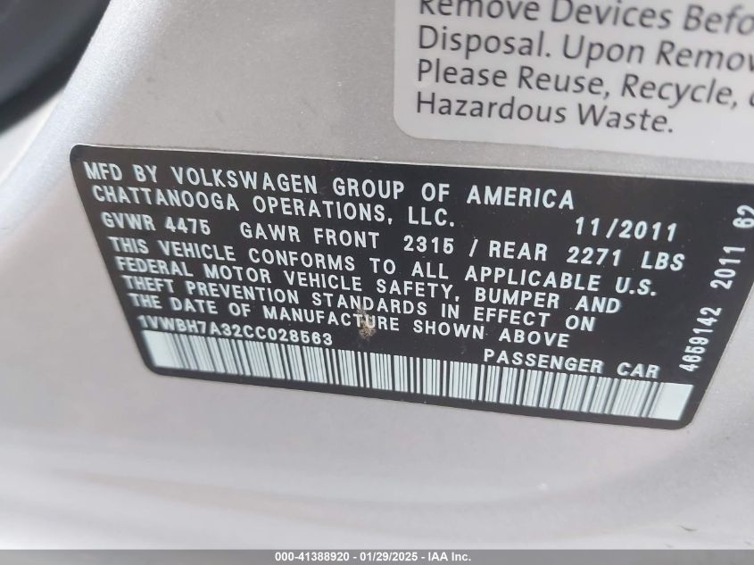 2012 Volkswagen Passat 2.5L Se VIN: 1VWBH7A32CC028563 Lot: 41388920