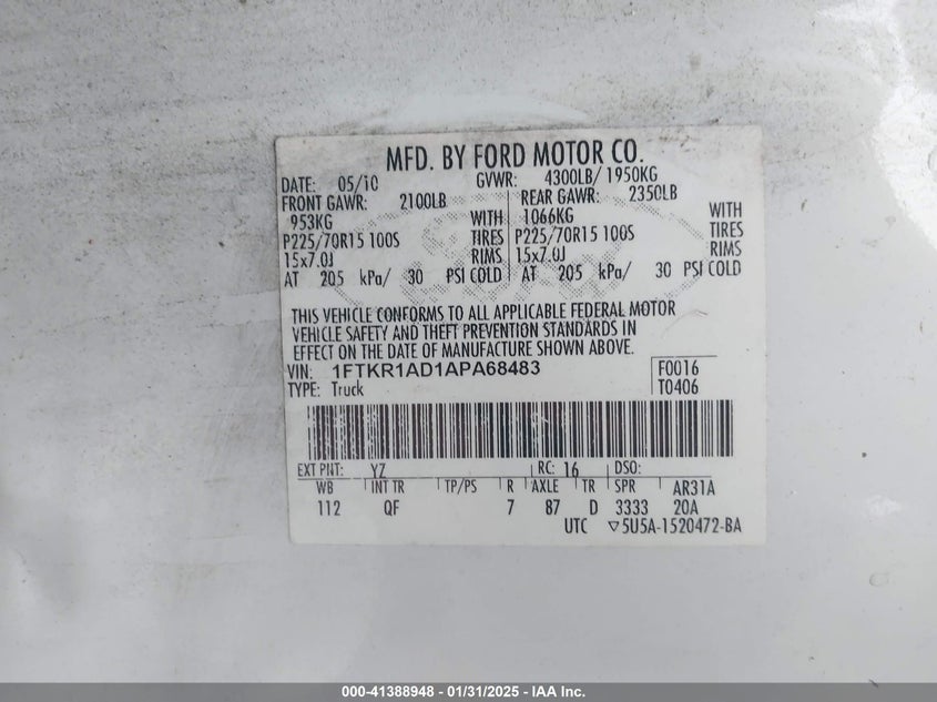 2010 FORD RANGER VIN: 1FTKR1AD1APA68483