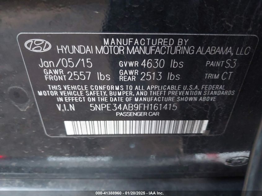 VIN 5NPE34AB9FH161415 2015 Hyundai Sonata, Limited... no.9