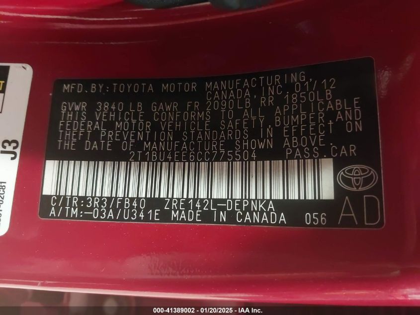 2012 Toyota Corolla Le VIN: 2T1BU4EEGCC775504 Lot: 41389002