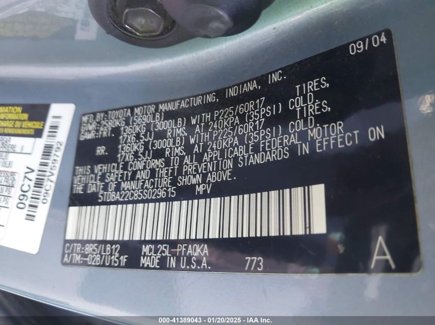 2005 Toyota Sienna Xle Limited VIN: 5TDBA22C85S029615 Lot: 41389043