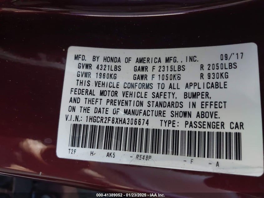 2017 HONDA ACCORD VIN: 1HGCR2F8XHA306674