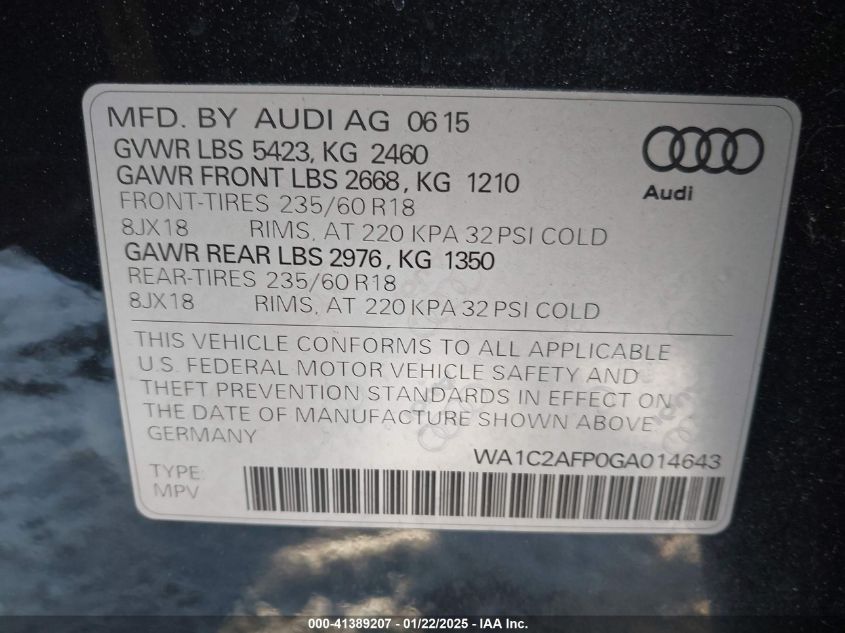 VIN WA1C2AFP0GA014643 2016 AUDI Q5 no.9