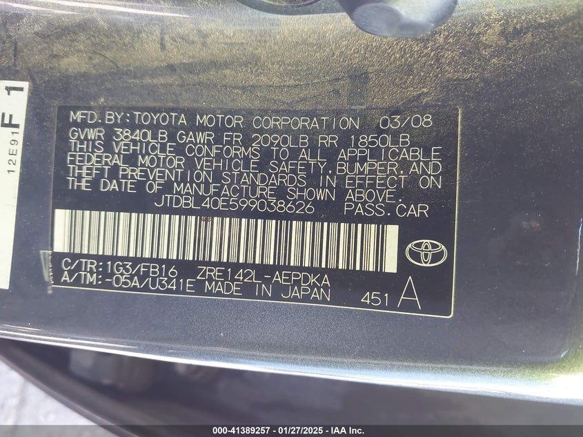 2009 TOYOTA COROLLA VIN: JTDBL40E599038626
