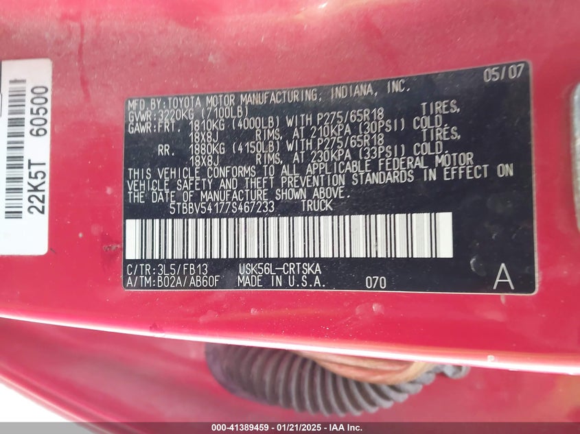 2007 TOYOTA TUNDRA VIN: 5TBBV54177S467233