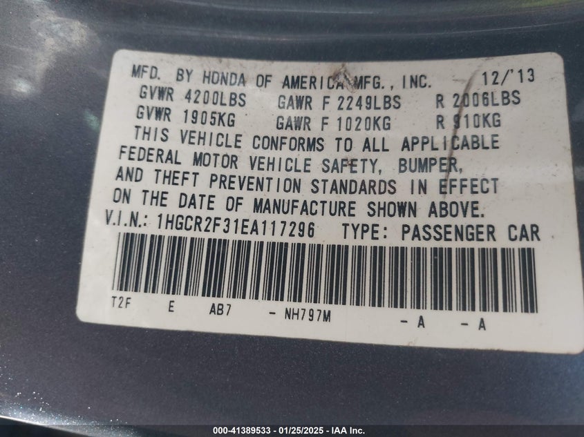 2014 HONDA ACCORD VIN: 1HGCR2F31EA117296