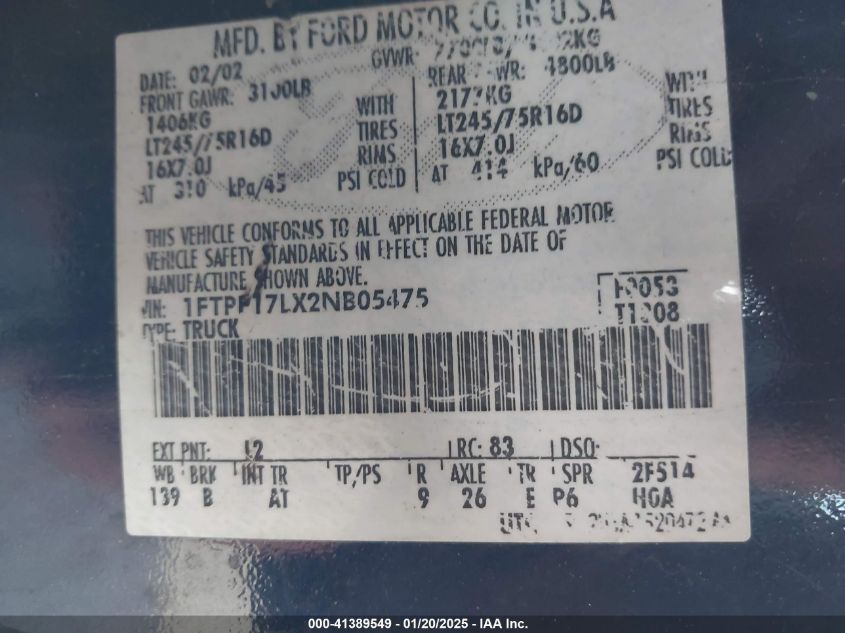2002 Ford F-150 Xl/Xlt VIN: 1FTPF17LX2NB05475 Lot: 41389549