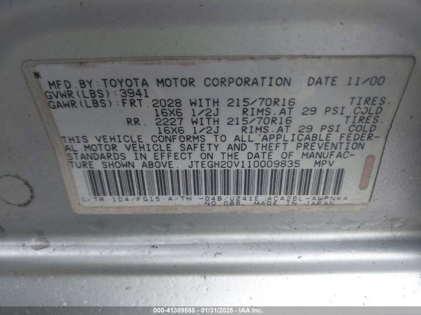 2001 Toyota Rav4 VIN: JTEGH20V110009835 Lot: 41389585