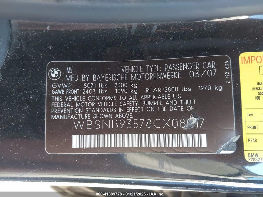 2008 BMW M5 VIN: WBSNB93578CX08017