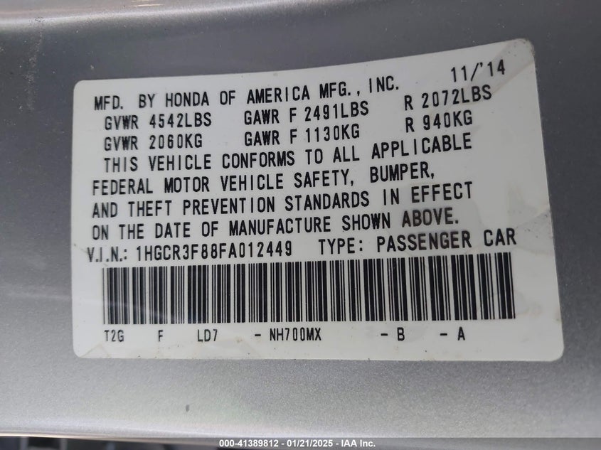 2015 HONDA ACCORD VIN: 1HGCR3F88FA012449