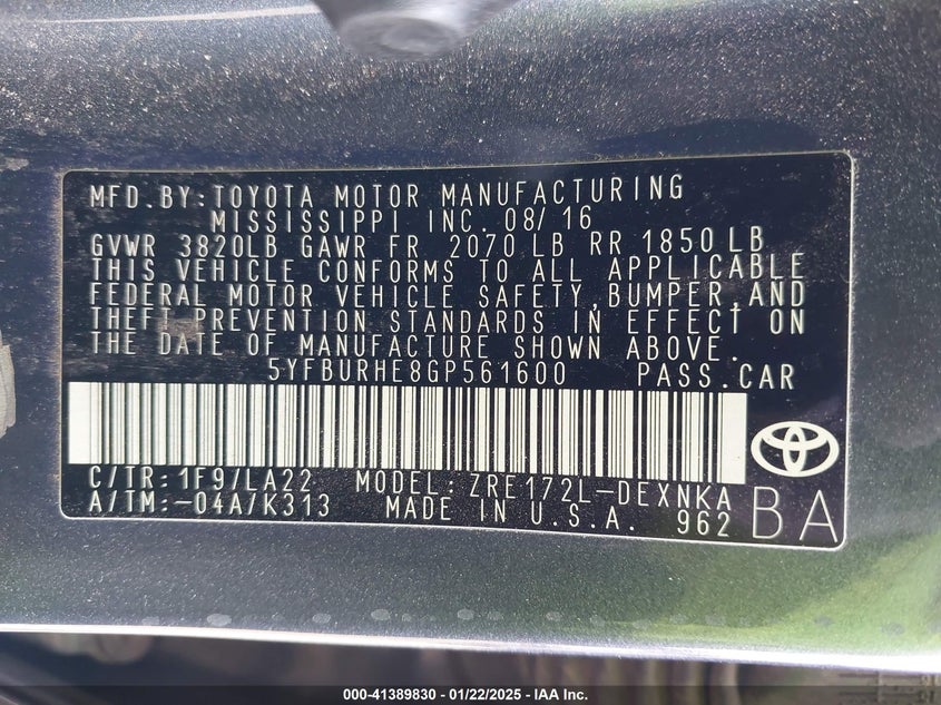 2016 TOYOTA COROLLA VIN: 5YFBURHE8GP561600