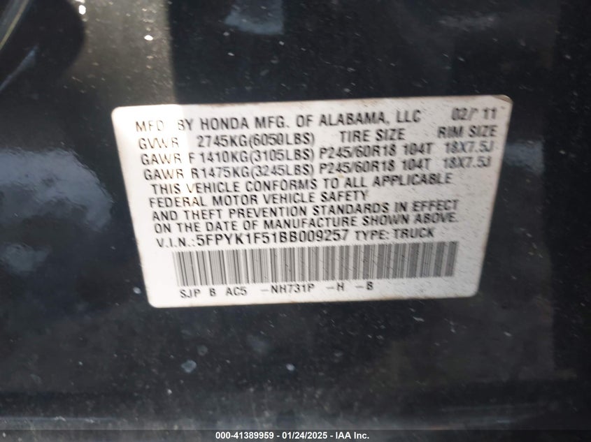 2011 HONDA RIDGELINE VIN: 5FPYK1F51BB009257