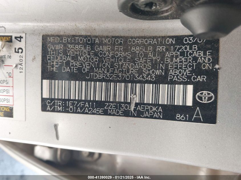 2007 Toyota Corolla Ce VIN: JTDBR32E370134343 Lot: 41390029