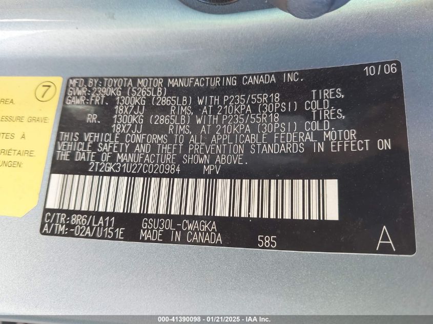 2007 Lexus Rx 350 VIN: 2T2GK31U27C020984 Lot: 41390098